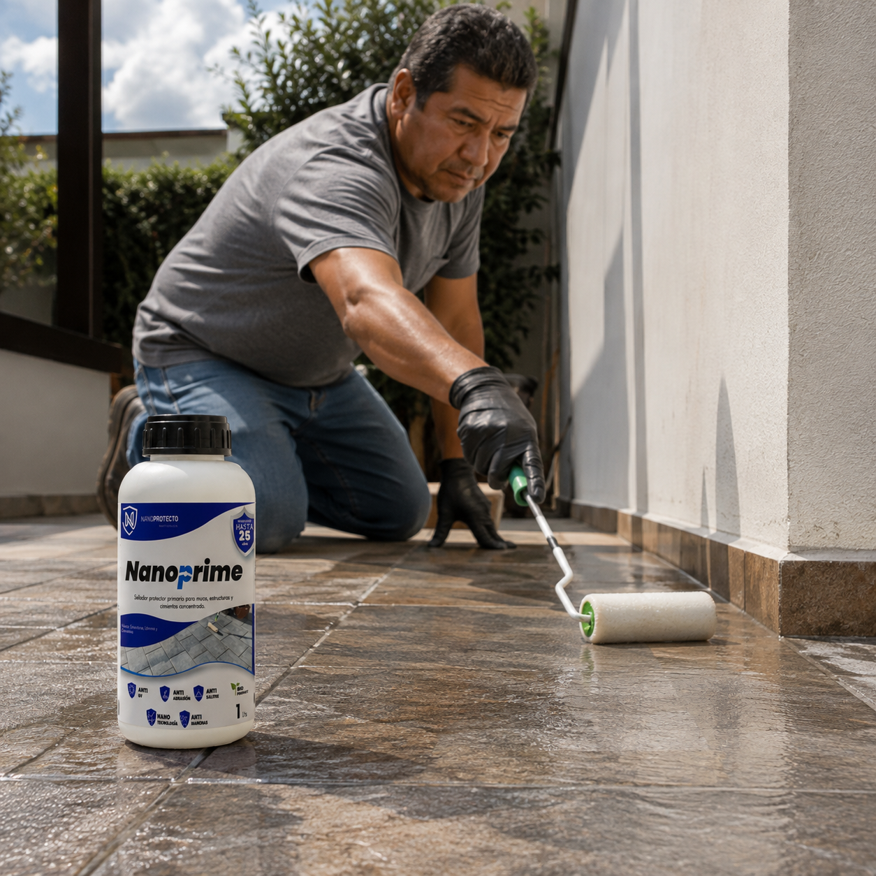 Aplicación de Nanoprime sobre superficie con rodillo