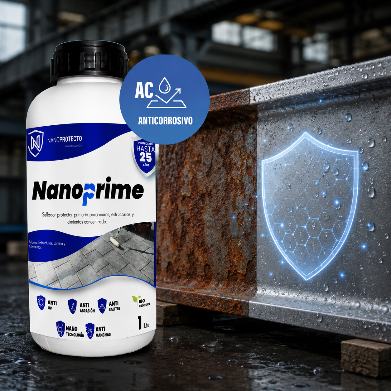 Representación del efecto anticorrosivo de Nanoprime AC sobre metal