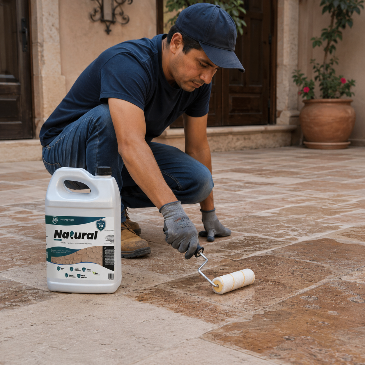 Aplicación de Natural con rodillo sobre piso de piedra
