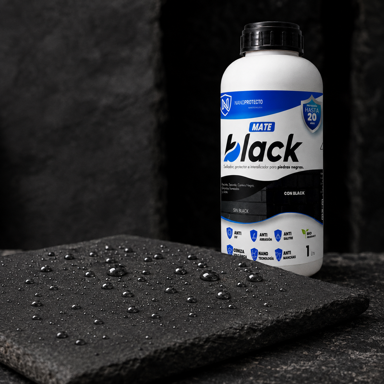 Efecto hidrofóbico de Black Mate sobre piedra negra