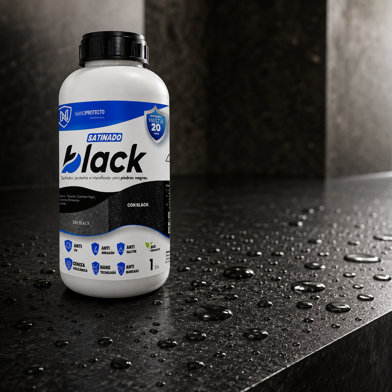 Efecto hidrofóbico de Black Satinado sobre piedra negra