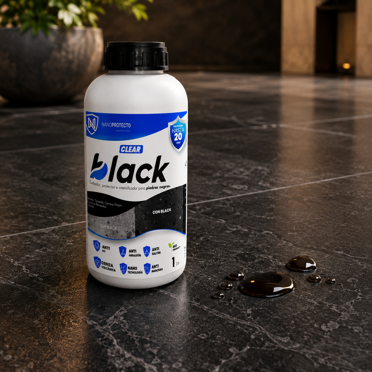 Efecto hidrofóbico de Clear Black sobre piedra negra con veta