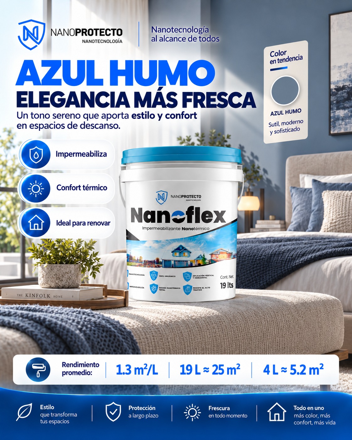 Dormitorio decorado en azul humo y textiles suaves con NANOFLEX