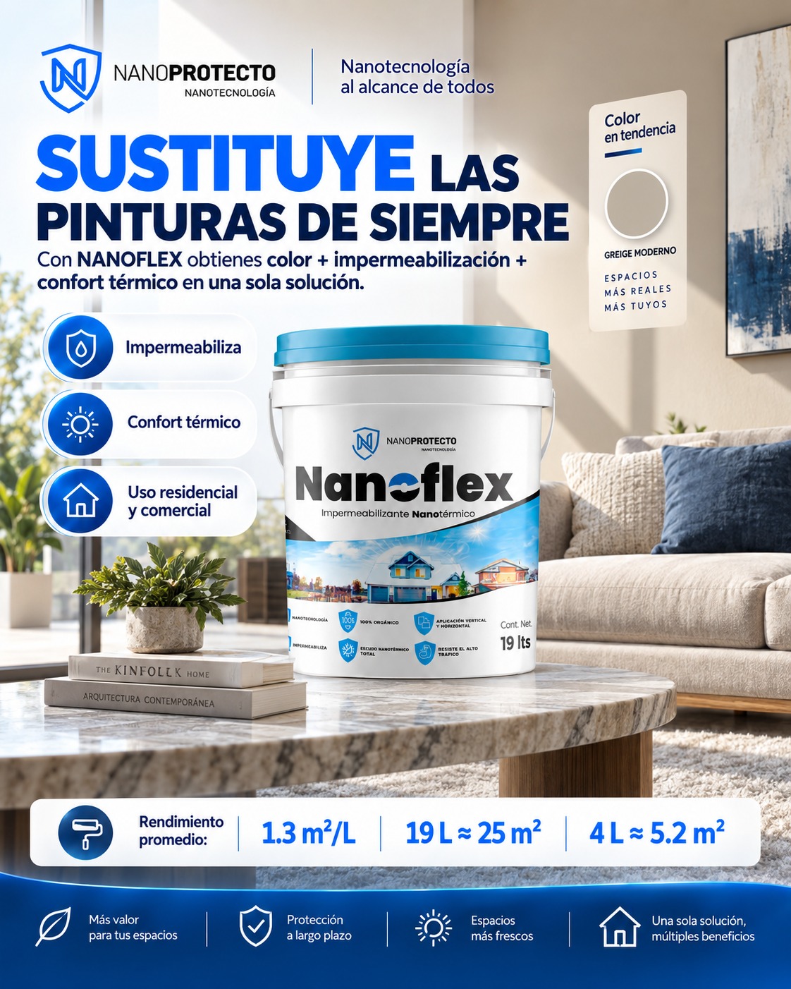 NANOFLEX en una sala luminosa con muros greige, sofá claro y detalles en azul