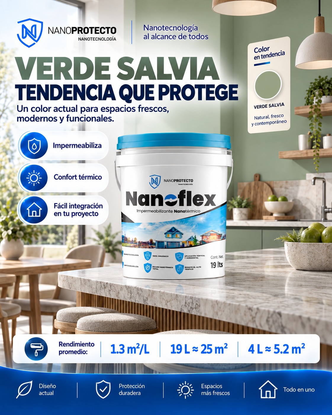 Cocina contemporánea con muros verde salvia y NANOFLEX