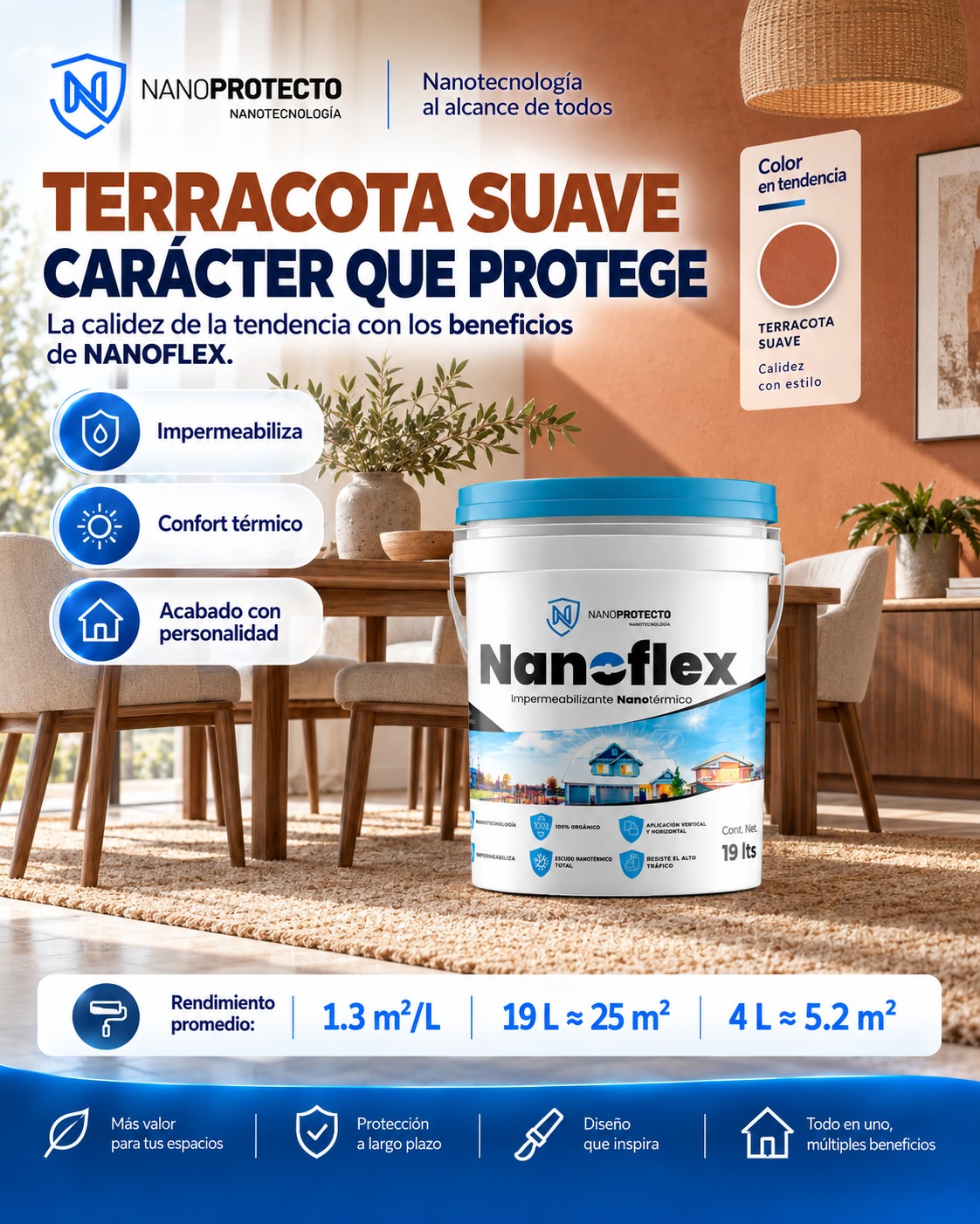 Comedor con muros terracota, madera y NANOFLEX