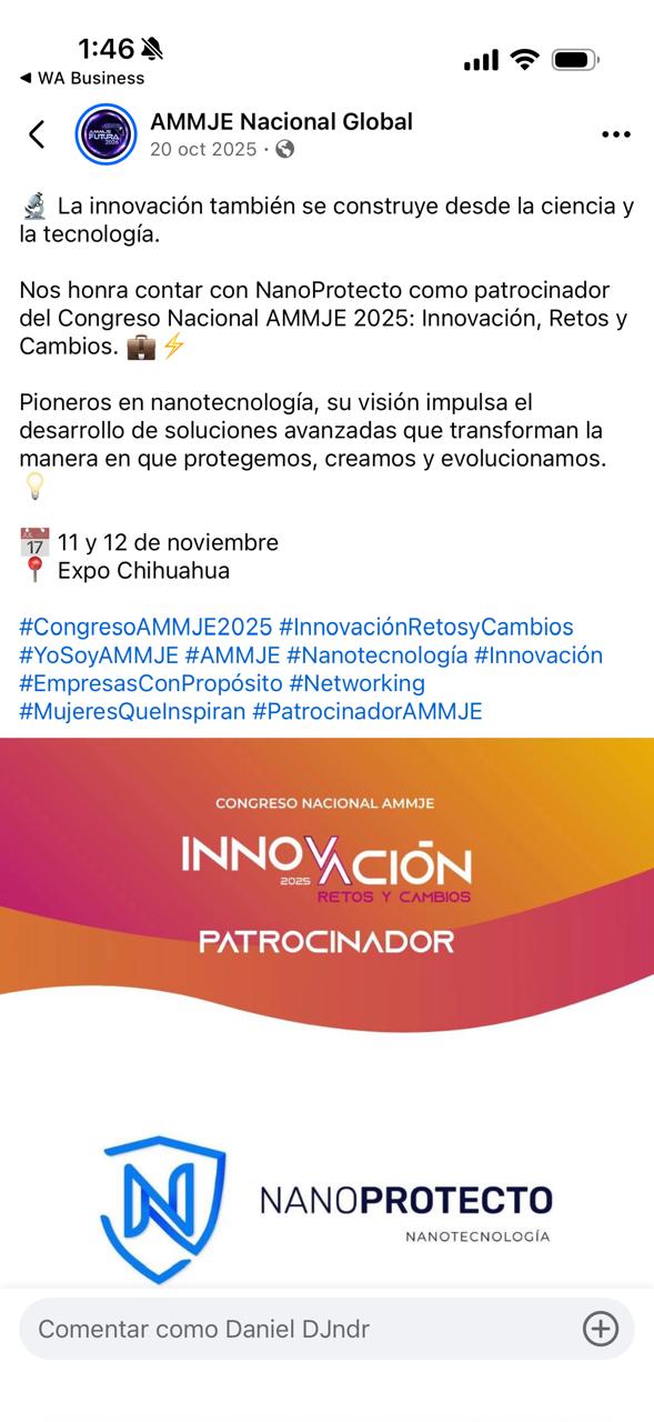 Publicación de AMMJE Nacional Global que anuncia a Nanoprotecto como patrocinador del Congreso Nacional AMMJE 2025